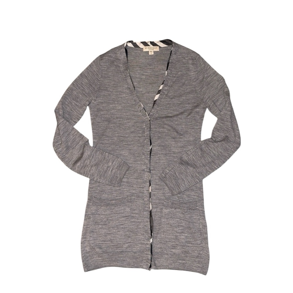 Burberry Brit London Nova Check Trim Gray 100% Wool Button Down Cardigan Small‎